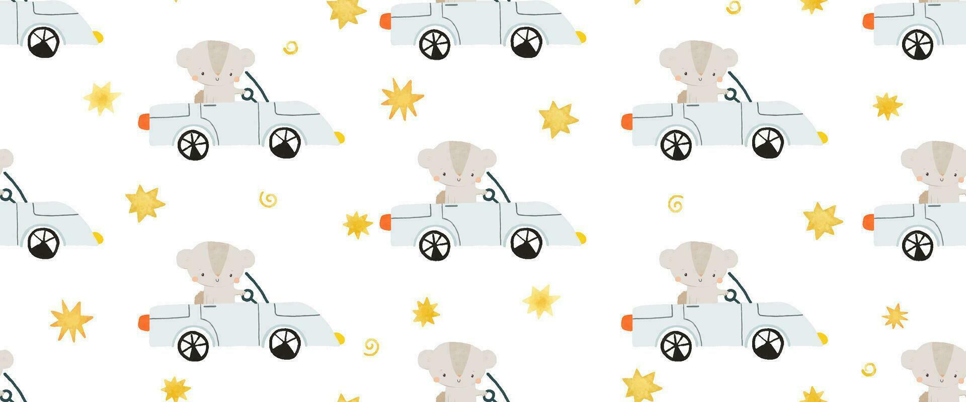 funny cartoon animals drive the car. Cute childhood illustration. Seamless pattern for wrapping paper. Endless design for nursery vector