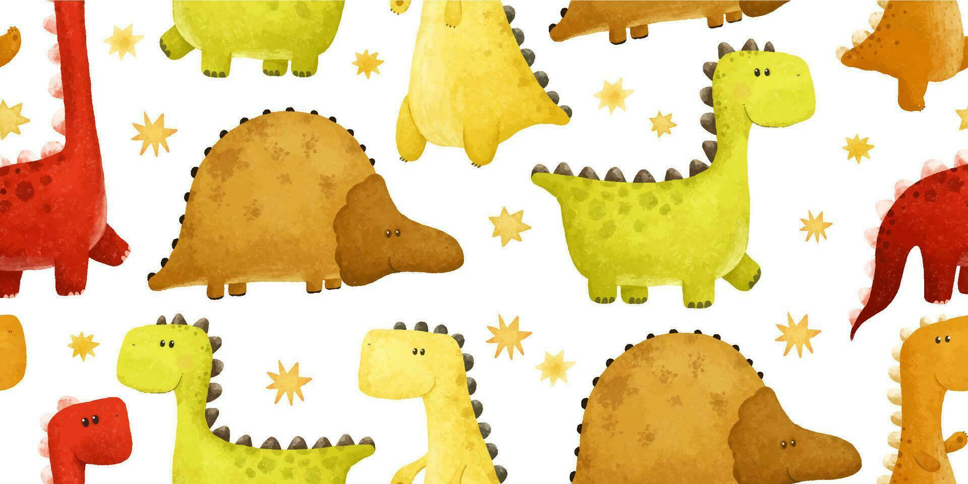 kids seamless pattern with funny colored dinos, dinosaur endless textile, repeate design vector