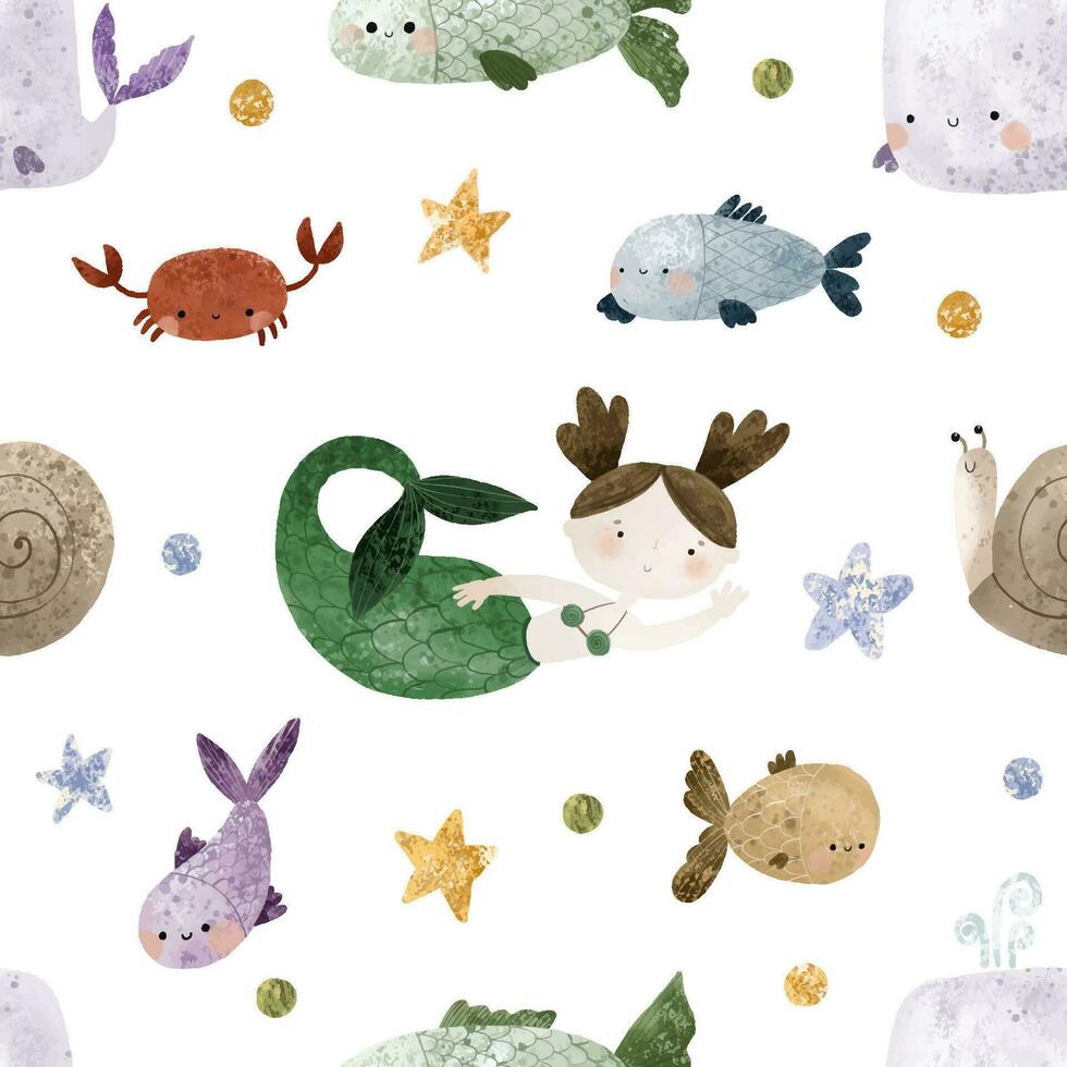 seamless pattern with Sea cartoon mermaids. Mermaid character, fish and underwater life. Cartoon girl with mermaids tail, underwater fishes. Summer pattern, nursery design and print vector