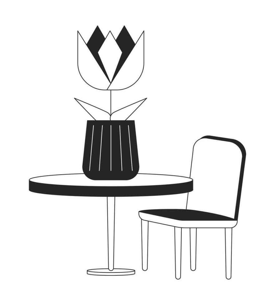 Decorative table and chair flat monochrome isolated vector object. Beautiful houseplant on board. Editable black and white line art drawing. Simple outline spot illustration for web graphic design