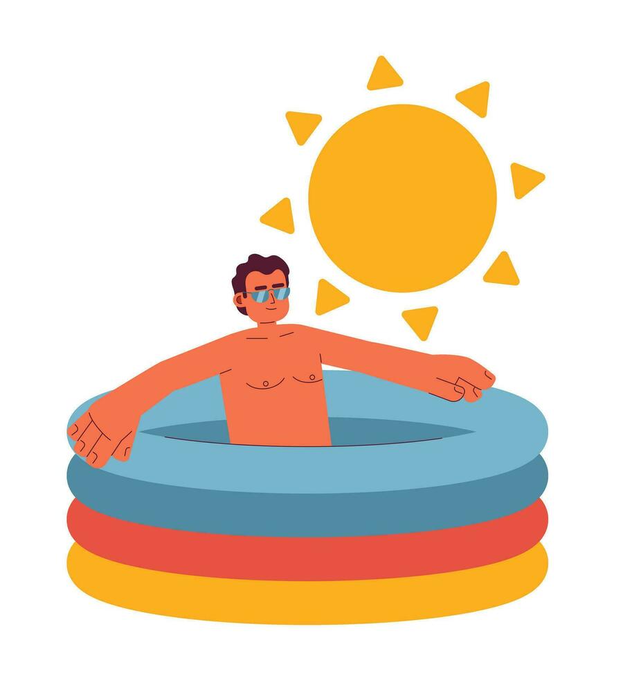 Swimming pool heat flat concept vector spot illustration. Latinamerican man in small kiddie pool 2D cartoon character on white for web UI design. Hot day isolated editable creative hero image