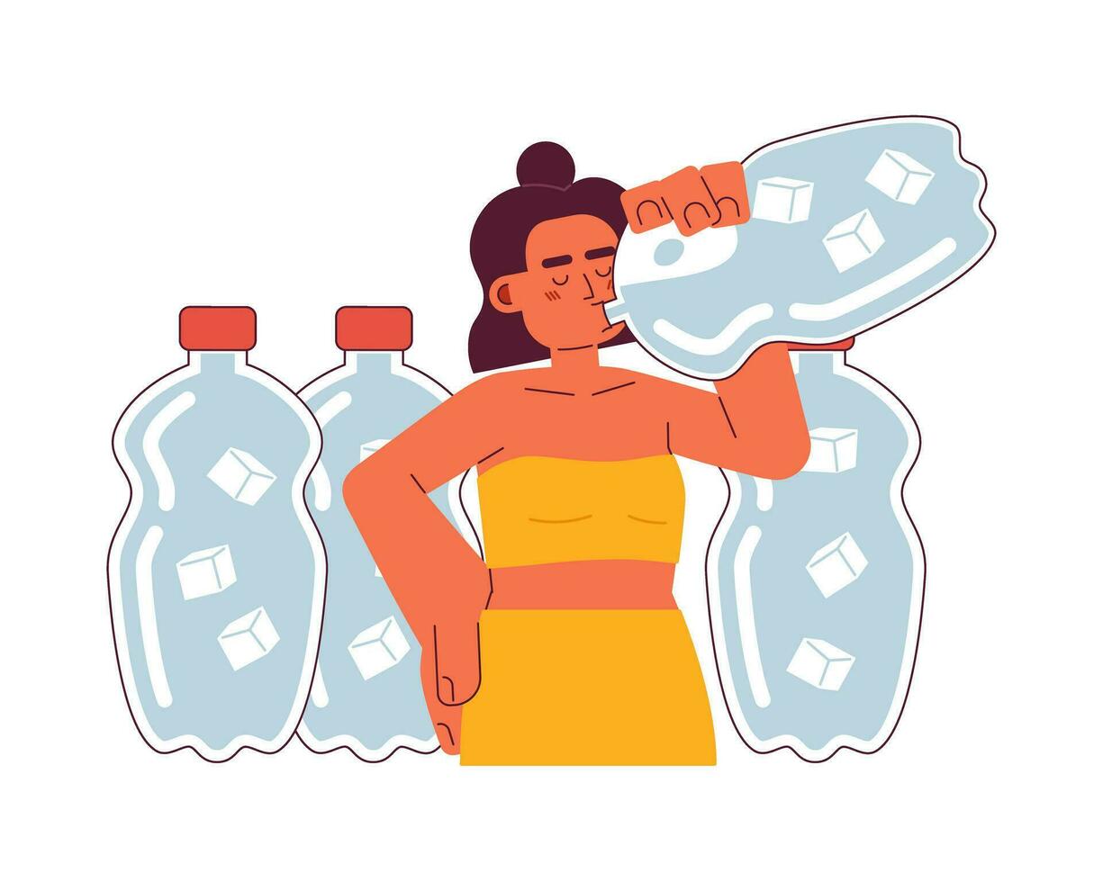 bebida más agua plano concepto vector Mancha ilustración. latina mujer Bebiendo desde agua botella 2d dibujos animados personaje en blanco para web ui diseño. permanecer frio aislado editable creativo héroe imagen