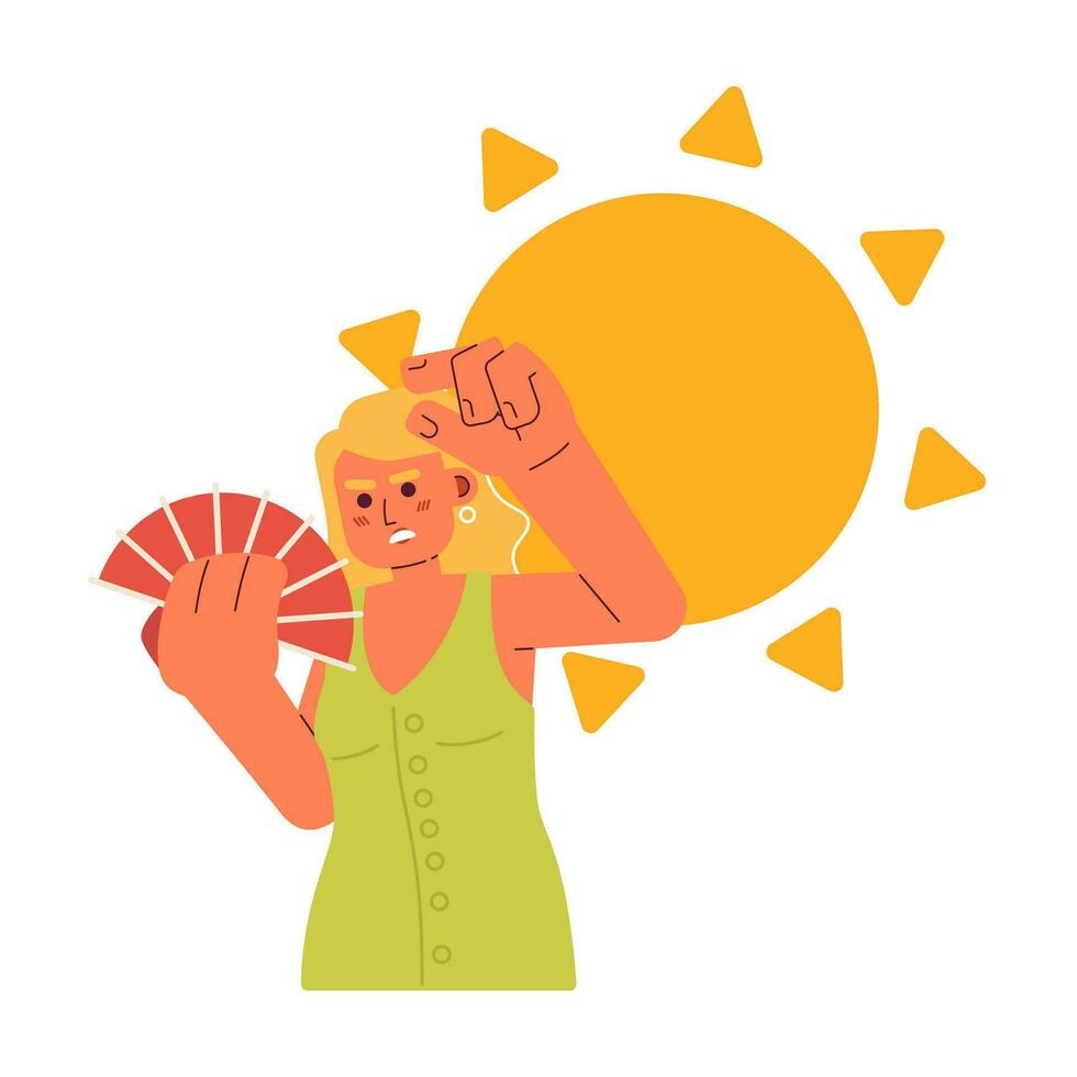 Sunny summer exhaustion flat concept vector spot illustration. European woman cooling down with hand fan 2D cartoon character on white for web UI design. Isolated editable creative hero image