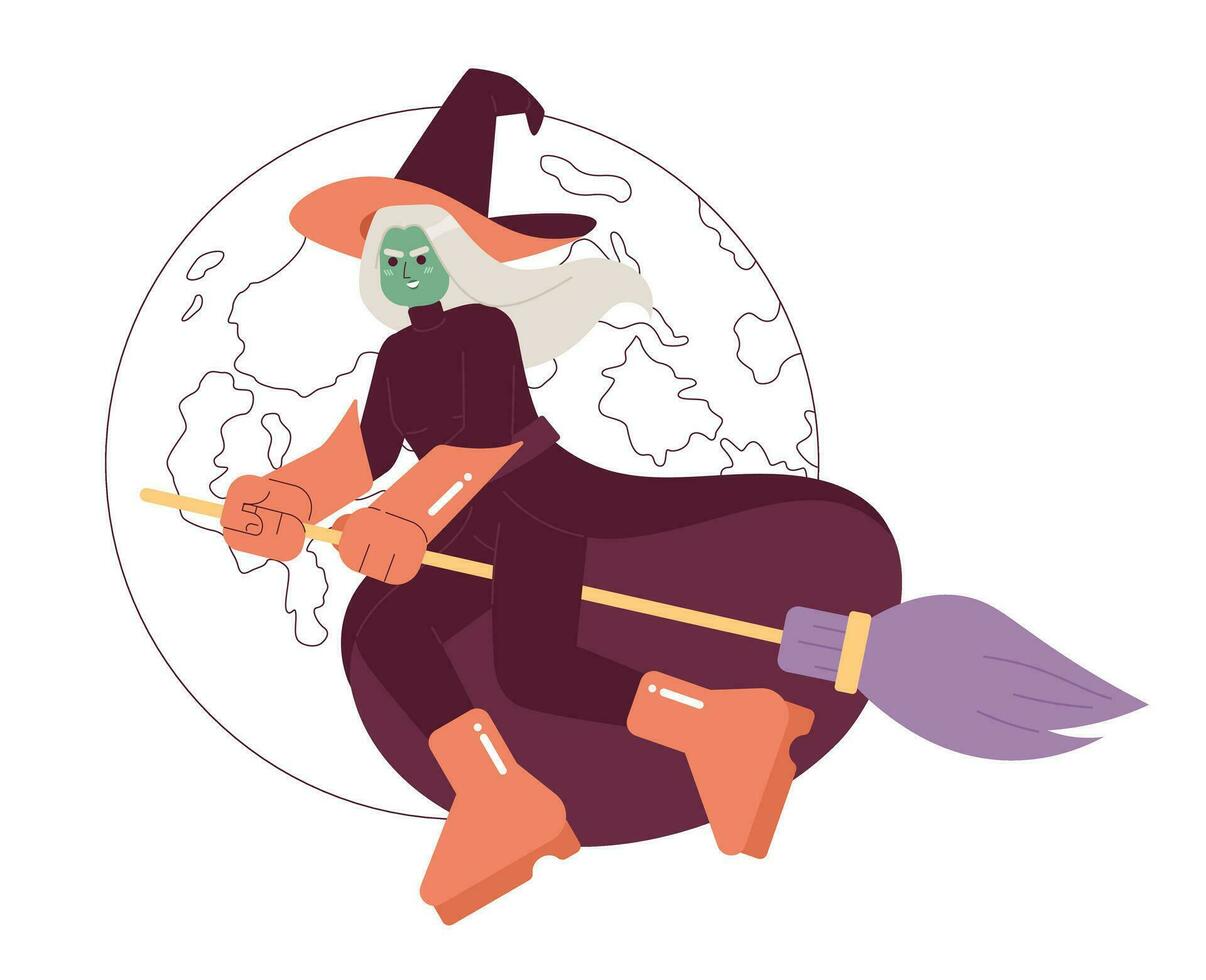 Nasty witch fly around worlds flat concept vector spot illustration. Evil lady in witch hat 2D cartoon character on white for web UI design. Fairy tale character isolated editable creative hero image
