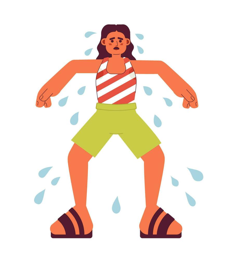 Excessive sweating in summer flat concept vector spot illustration. Overheated woman with sweaty underarms 2D cartoon character on white for web UI design. Isolated editable creative hero image