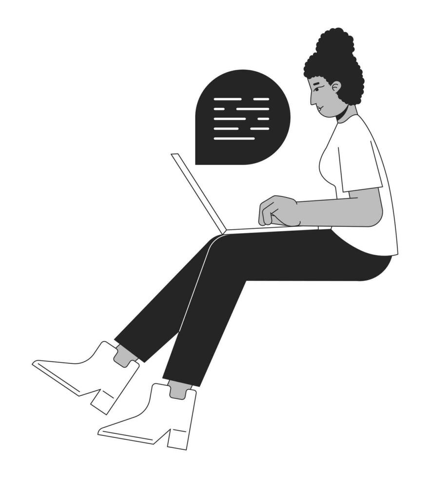 African american girl typing on computer flat line black white vector character. Editable outline full body woman side view communicate. Simple cartoon isolated spot illustration for web design