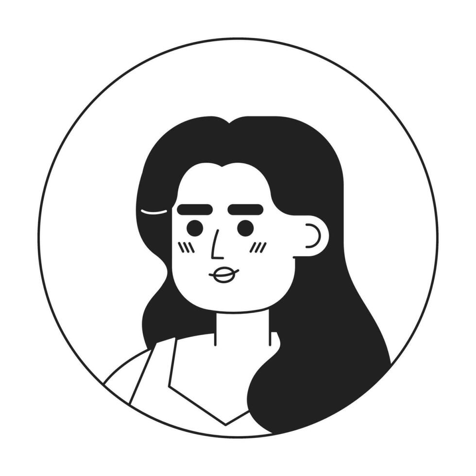 Hispano mujer con perspicaz Mira monocromo plano lineal personaje cabeza. de moda Rizado peinado. editable contorno mano dibujado humano cara icono. 2d dibujos animados Mancha vector avatar ilustración para animación