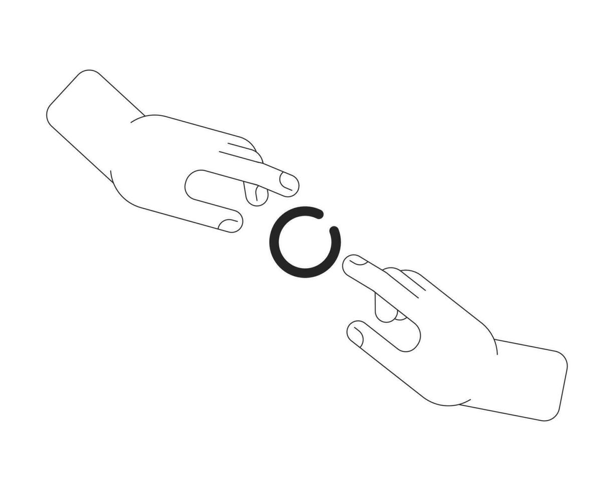 Hands reaching towards each other loading spinner black white loading spinner. Web loader ui flat design. Graphical user interface. Outline cartoon vector illustration on white background