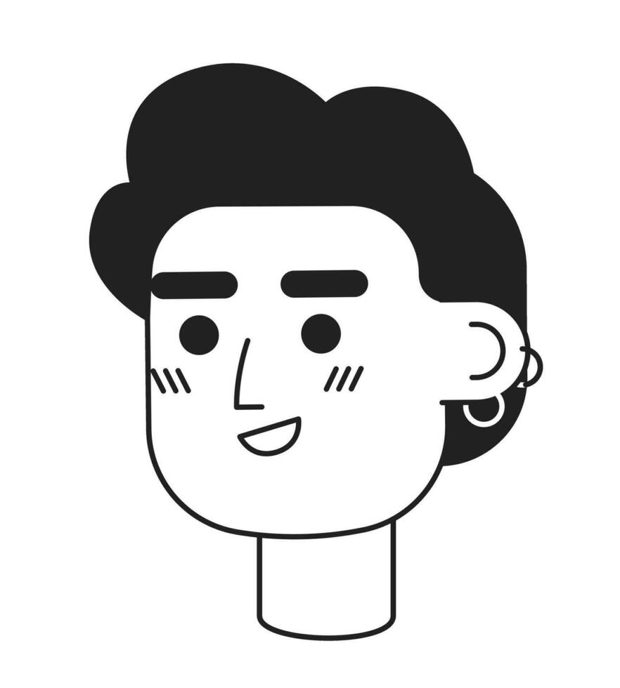 Rizado peludo hombre con pendientes monocromo plano lineal personaje cabeza. editable contorno mano dibujado humano cara icono. exitoso emprendedor. 2d dibujos animados Mancha vector avatar ilustración para animación