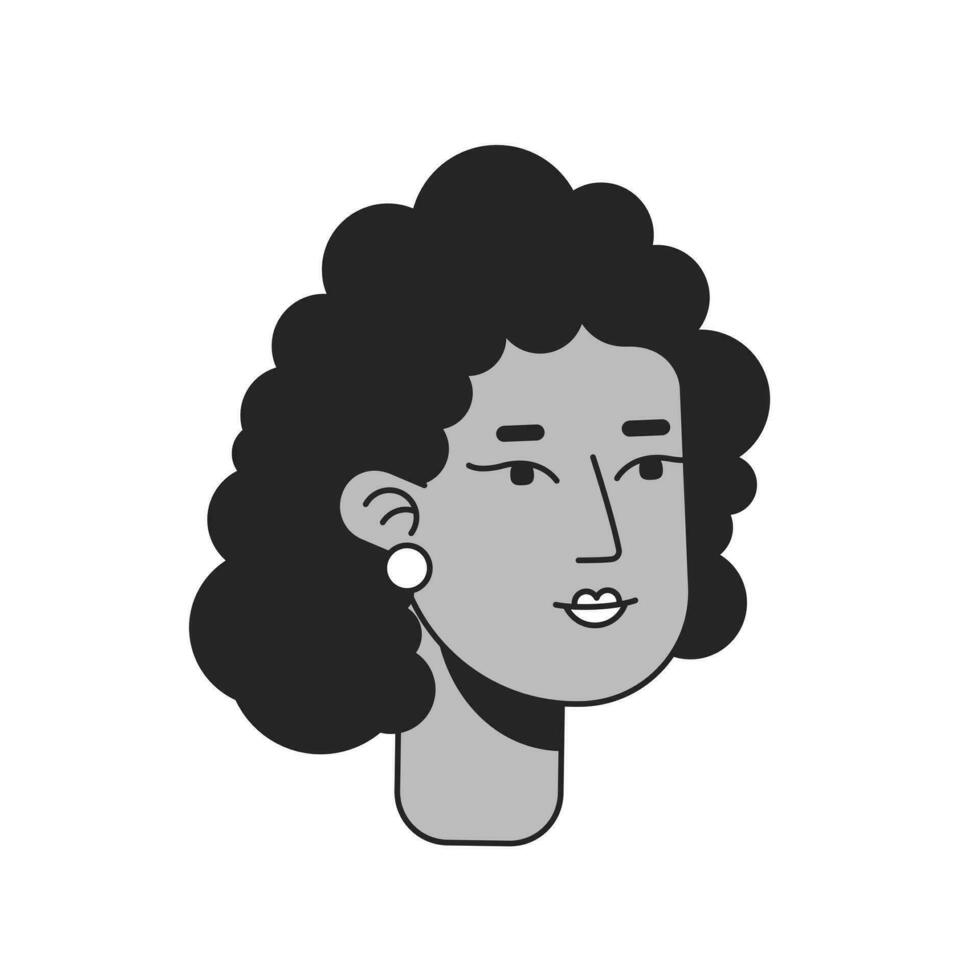 African american teen girl monochrome flat linear character head. Curly hairstyle. Editable outline hand drawn human face icon. 2D cartoon spot vector avatar illustration for animation