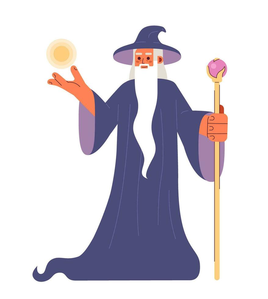 Wizard with magic powers semi flat color vector character. Editable full body old man in mage robe show magic power on white. Simple cartoon spot illustration for web graphic design