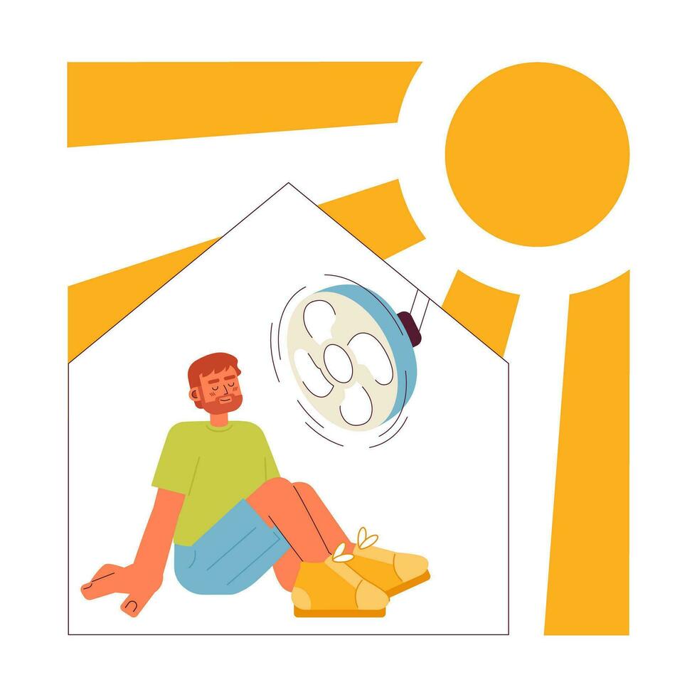 Stay in air conditioned room flat concept vector spot illustration. European man sitting in front of fan 2D cartoon character on white for web UI design. Isolated editable creative hero image