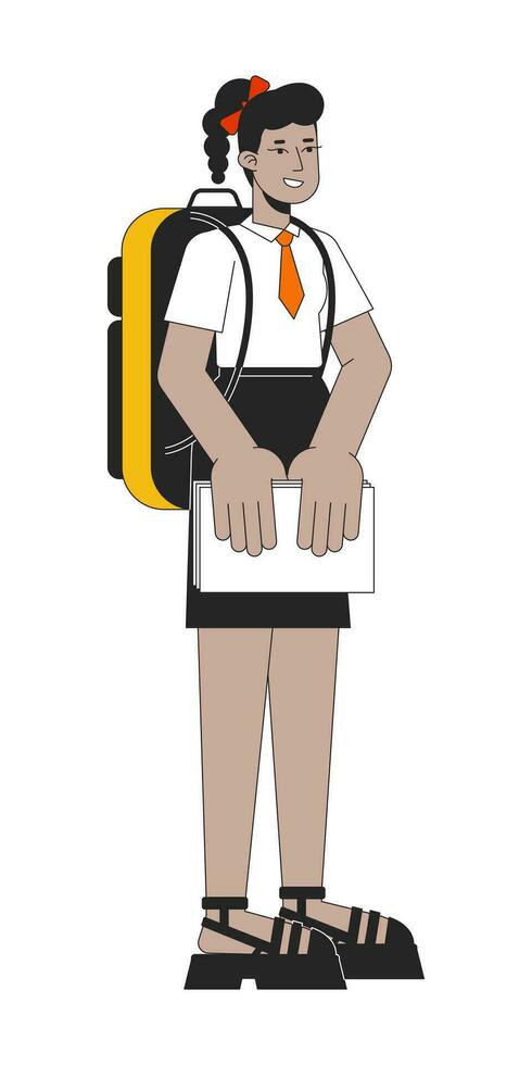 Pretty african american girl flat line color vector character. Editable outline full body teen in school uniform with backpack on white. Simple cartoon spot illustration for web graphic design