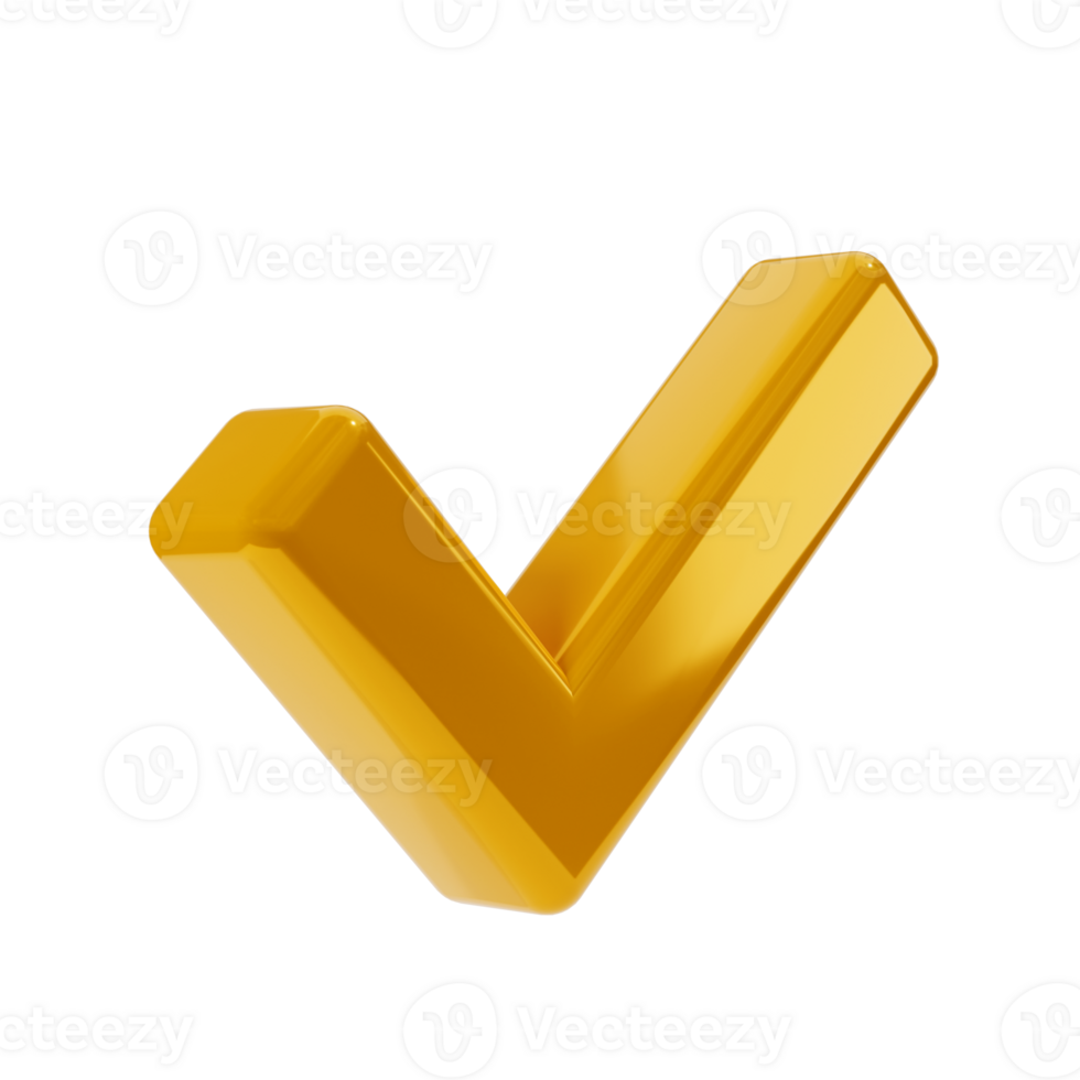 3d golden icon of check mark illustration. gold tick in isometric view. Element isolated transparent png