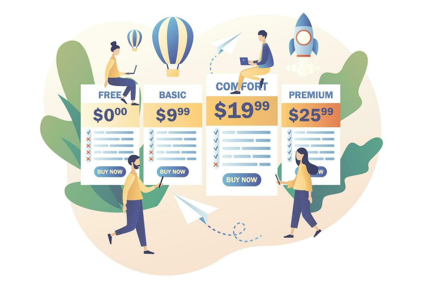 Tariff plans concept. Tiny people choose their plan type. Price list options plans for online services. Pricing table for business. Modern flat cartoon style. Vector illustration on white background