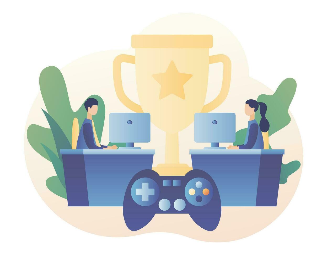 Cybersport concept. Professional gamers at video game online tournament competing for trophy. E-sport. Modern flat cartoon style. Vector illustration on white background