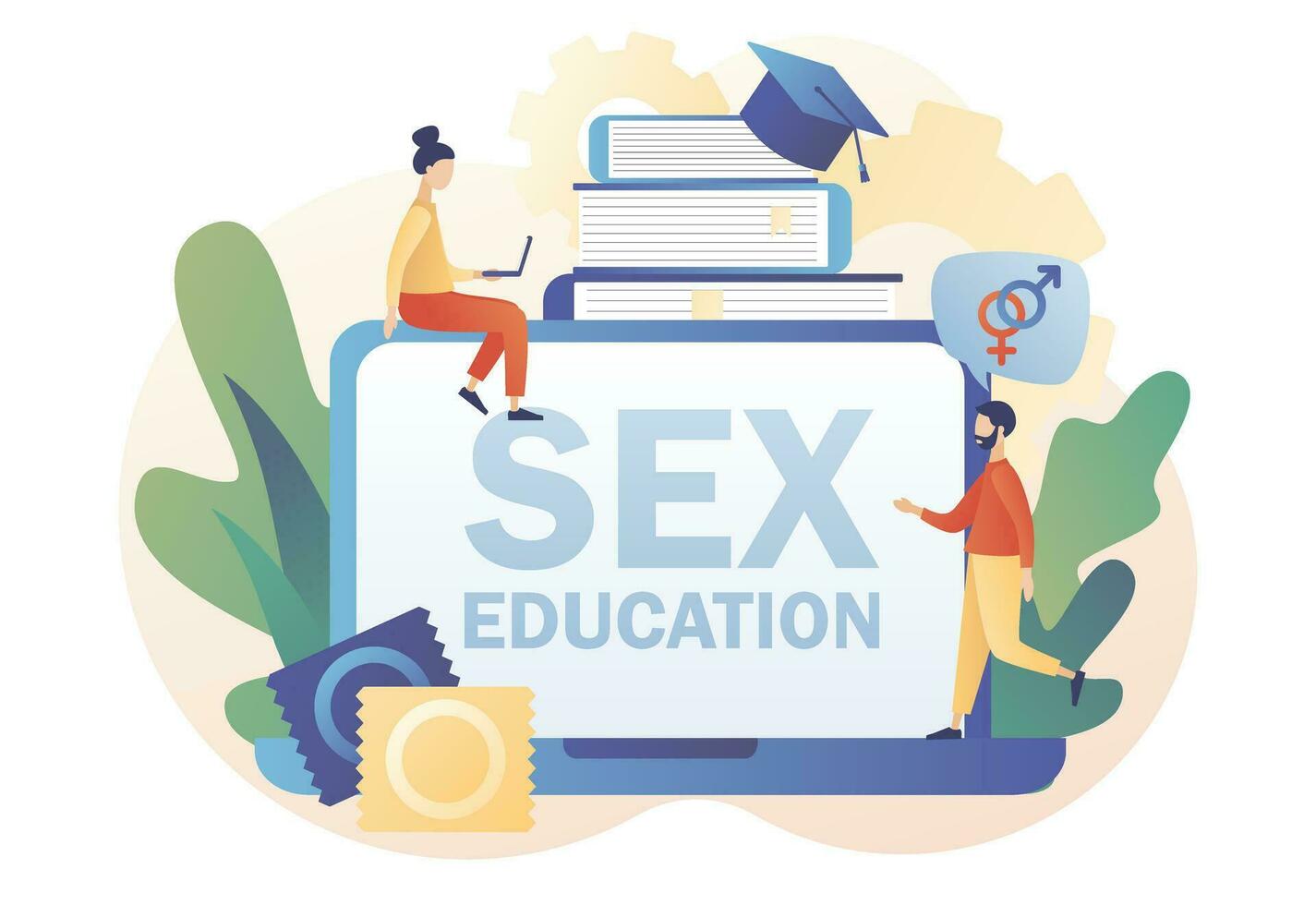 Online sexual health lesson for tiny people. Sexual education concept. Contraception and reproduction system. Human sexuality. Modern flat cartoon style. Vector illustration on white background