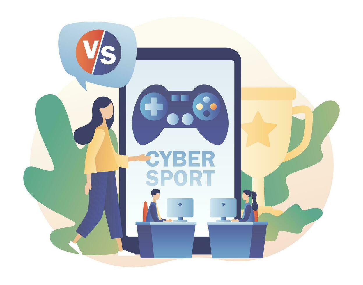 E-sport and cybersport concept. Professional gamers at video game online tournament competing for trophy and tiny girl fan. Modern flat cartoon style. Vector illustration on white background