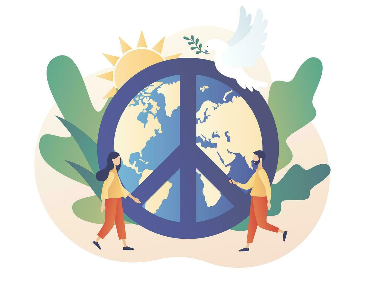 World Peace Day. Tiny people live in love, calm and harmony. Globe, white pigeon and hippie sign as a peace symbol. Modern flat cartoon style. Vector illustration on white background