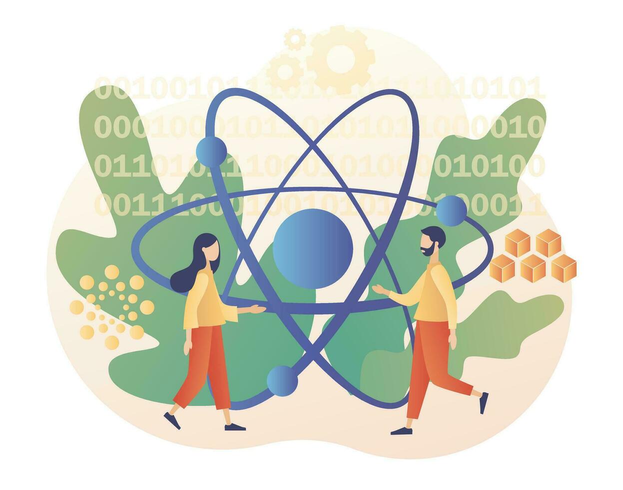Quantum computing concept. Optical technology, photonics research. Tiny people engineers and scientists investigate quantum. Modern flat cartoon style. Vector illustration