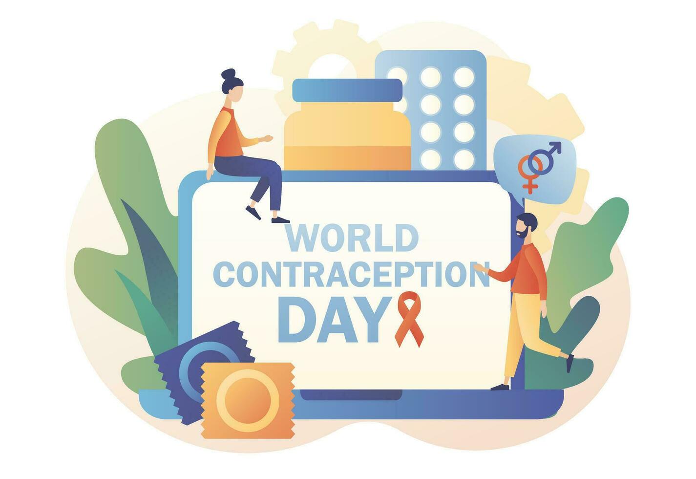 World Contraception Day - text on laptop screen. Safe sexual behavior, birth fertility control. Contraceptive methods in sexual and reproductive health. Modern flat cartoon style. Vector illustration