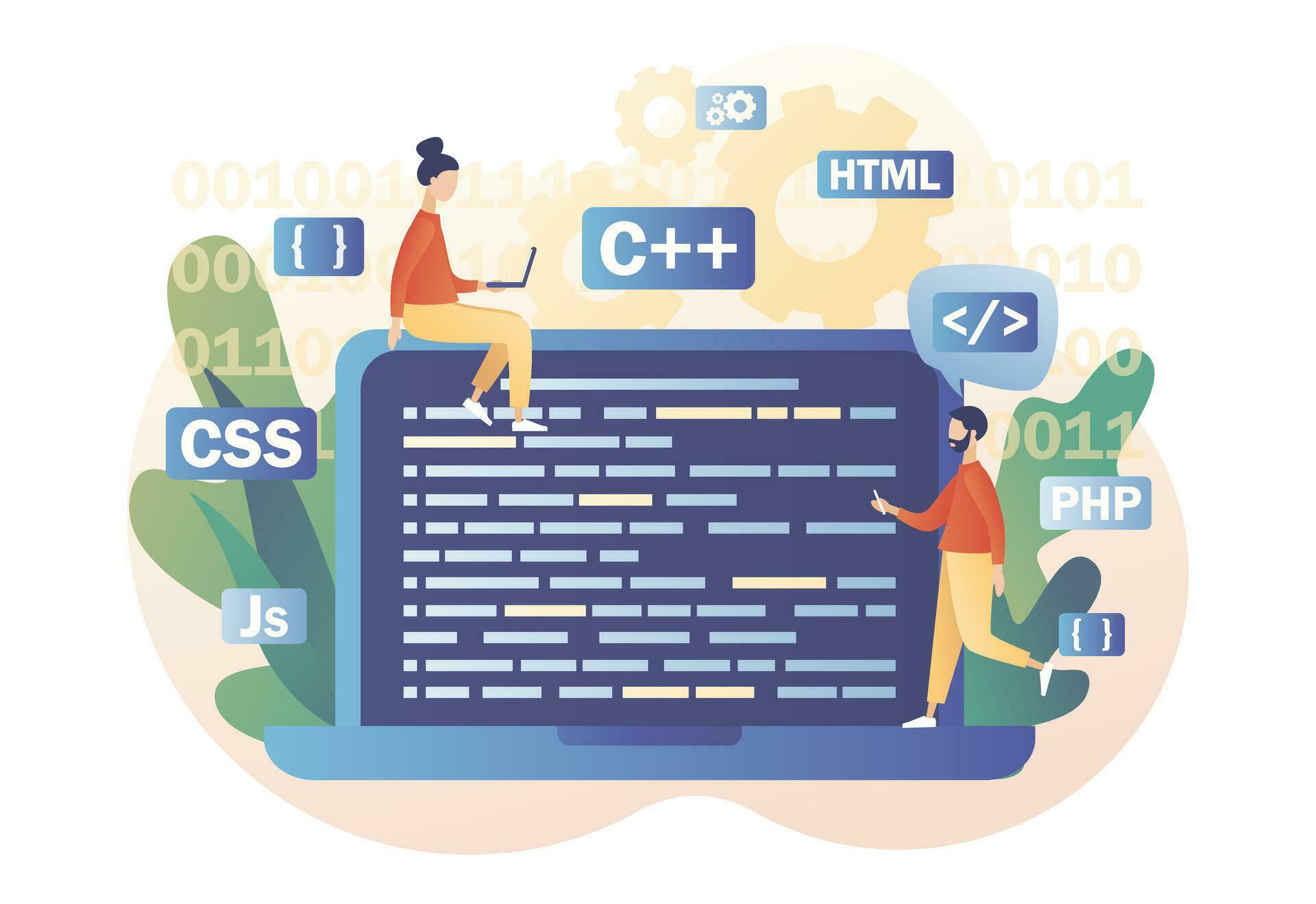 Tiny people programmer or developer create code programming language ...