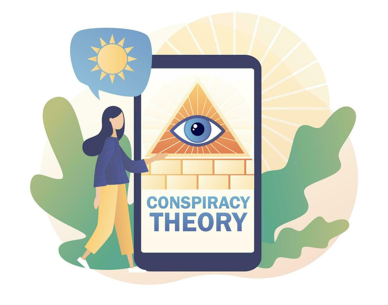 Pyramid with all-seeing eye on smartphone screen and tiny woman. Conspiracy theory. Symbol of world government. Modern flat cartoon style. Vector illustration on white background