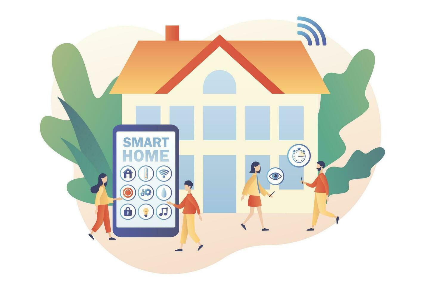 Smart home. Tiny people control of lighting, heating, ventilation and air conditioning, security and video surveillance with smartphone app. Modern flat cartoon style. Vector illustration