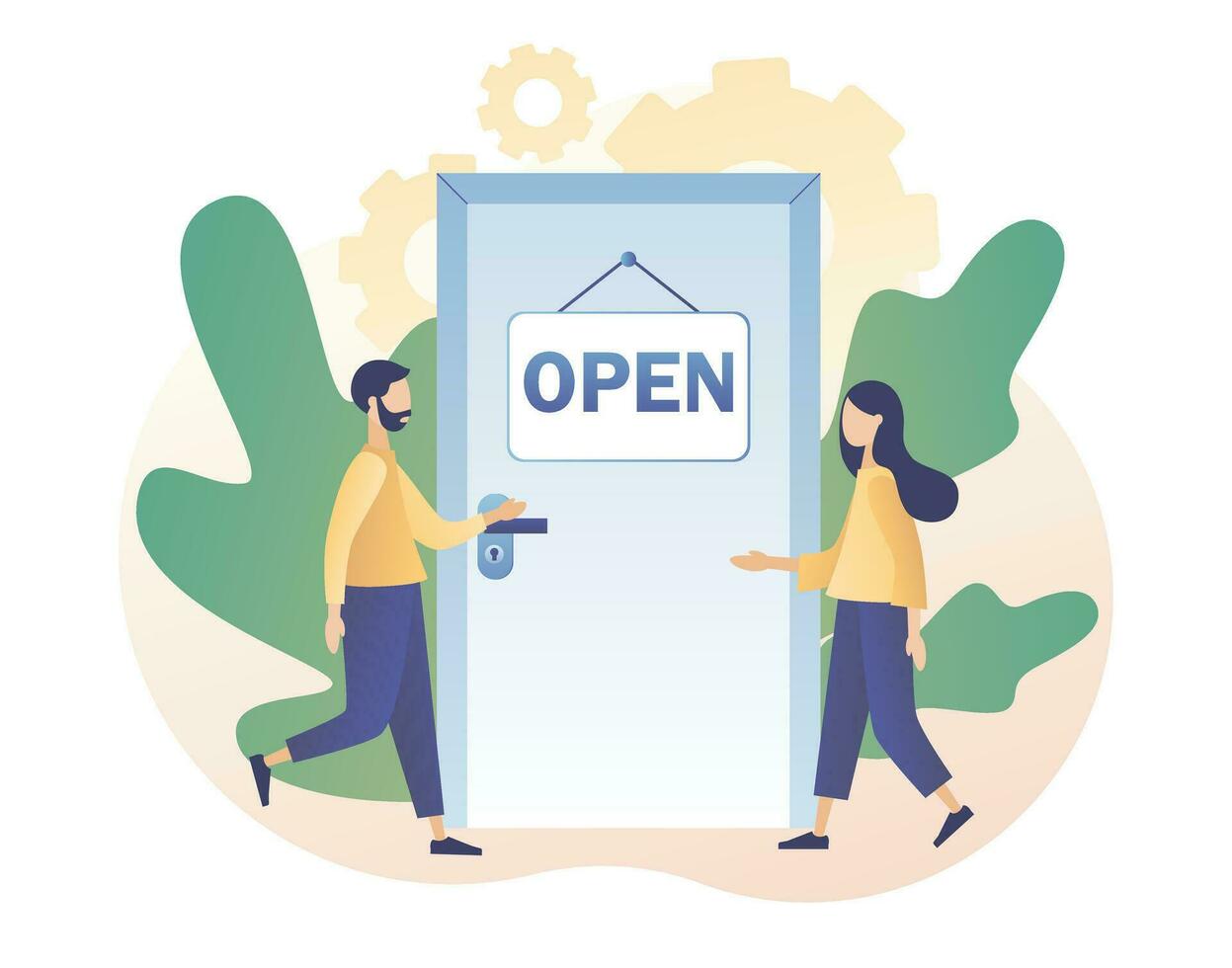 Open - sign on the door and tiny people go to it. We are working again. Reopening establishments, cafe, shop, store, salon. Modern flat cartoon style. Vector illustration on white background