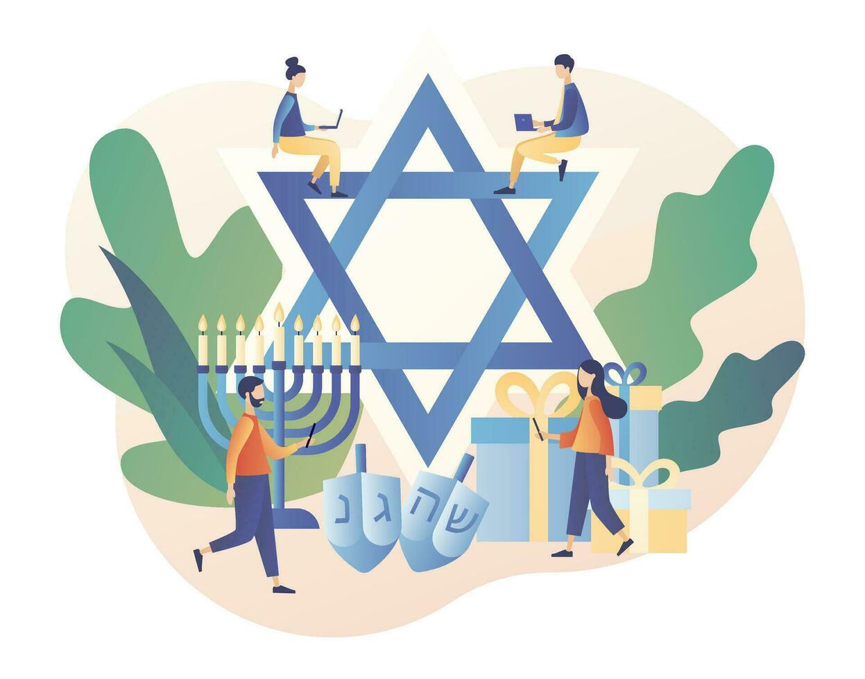 Big star David. Happy Hanukkah. Traditional jewish holiday with tiny people and symbols - menorah candles, dreidels spinning top. Modern flat cartoon style. Vector illustration on white background
