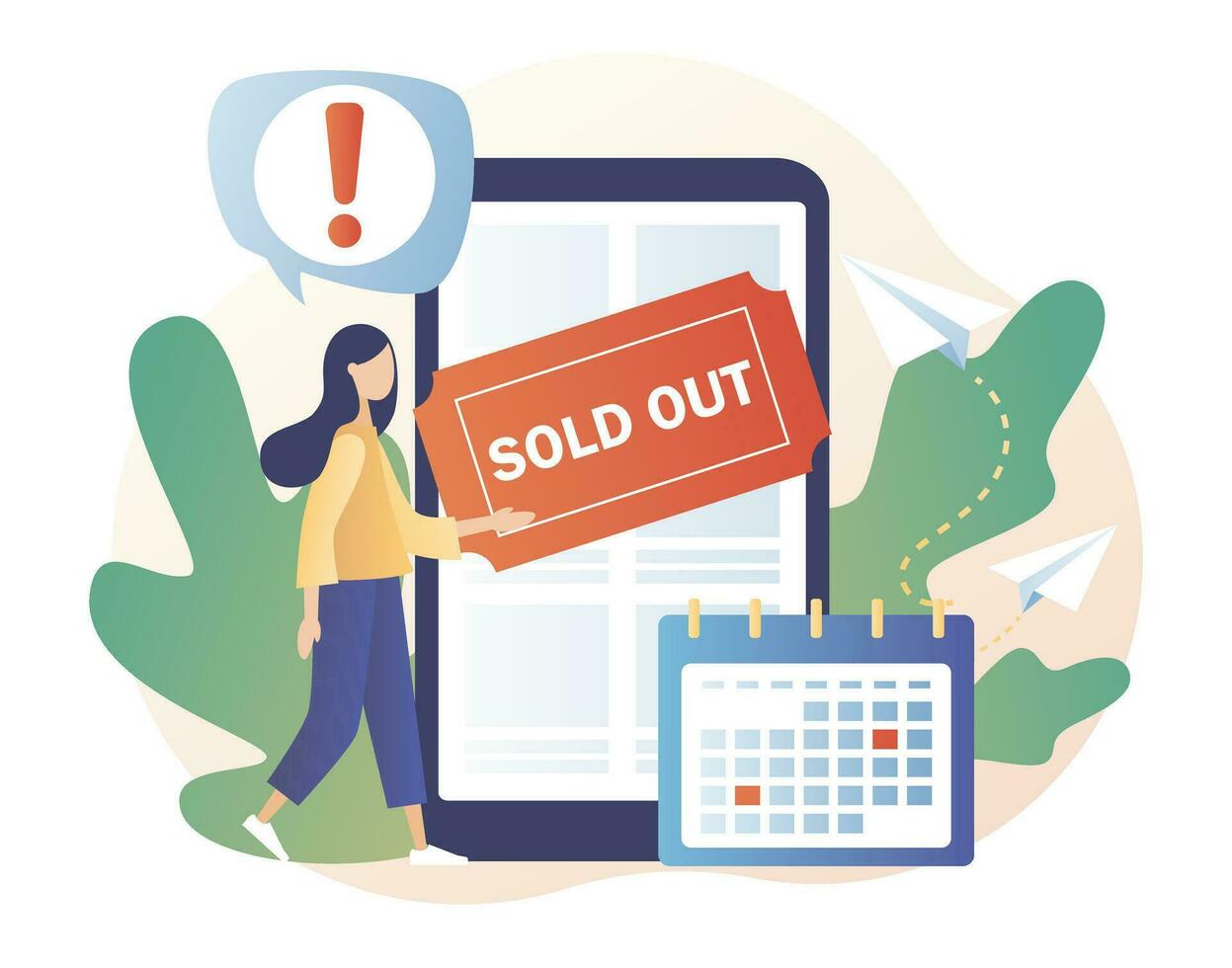 Tiny girl use online booking system in smartphone app. Sold-out event, sold-out crowd, no tickets available concept. Modern flat cartoon style. Vector illustration on white background