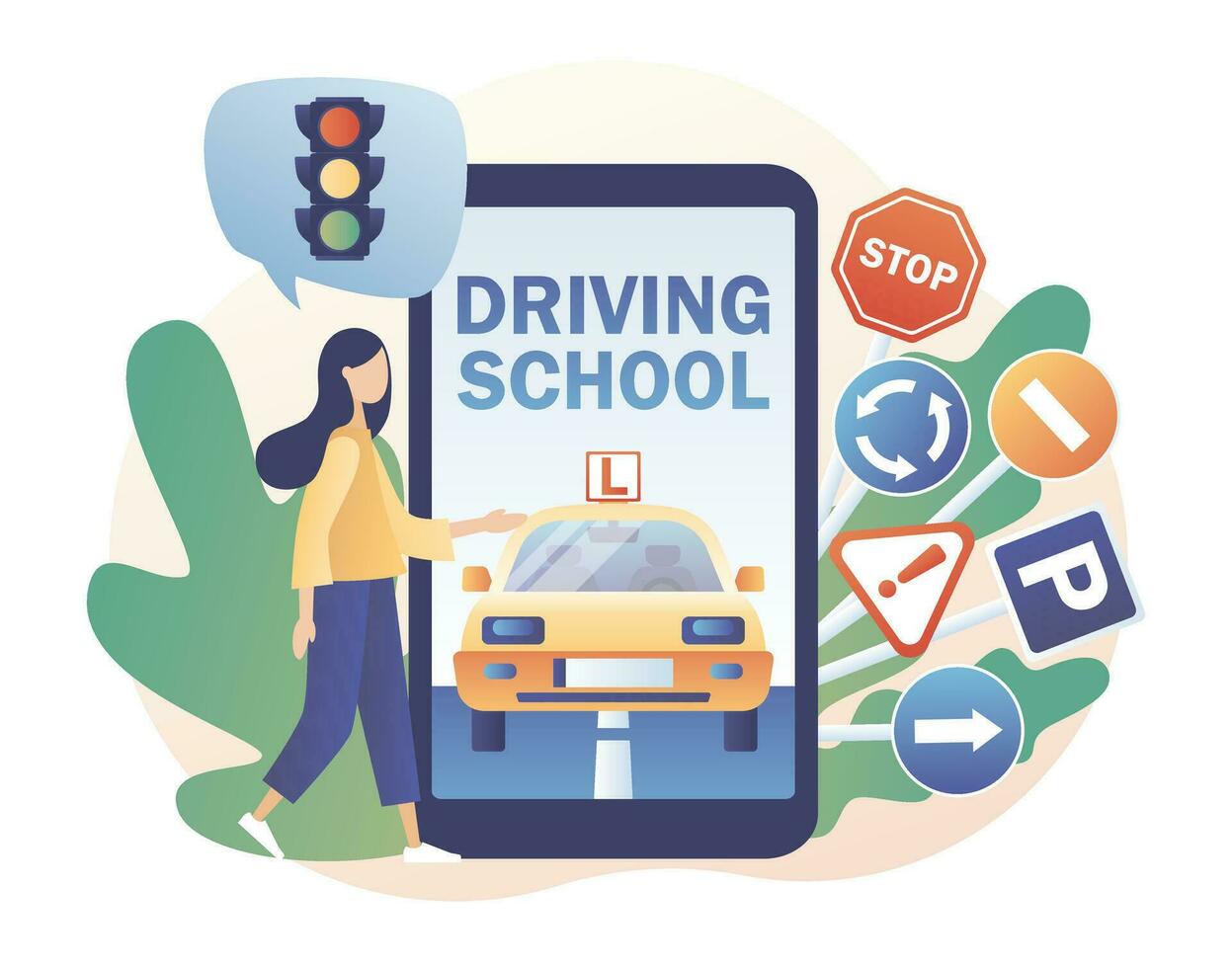 Driving school. Driver license. Tiny girl studying in drive lesson and passing exams online use smartphone. Traffic rules. Road signs.Modern flat cartoon style. Vector illustration on white background
