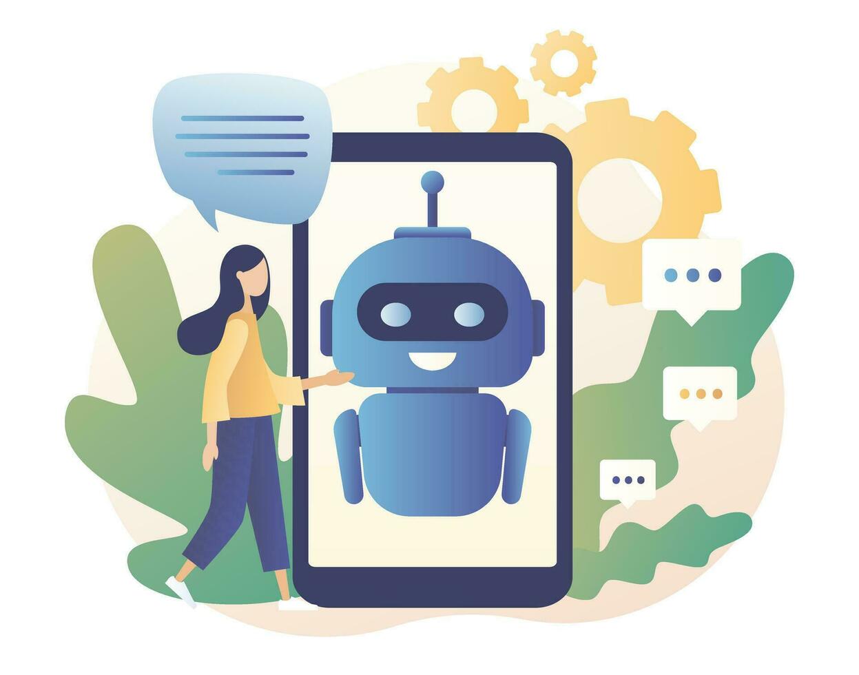 Chatbot. AI robot assistant, online customer support. Tiny girl chatting with chatbot application. Modern flat cartoon style. Vector illustration on white background