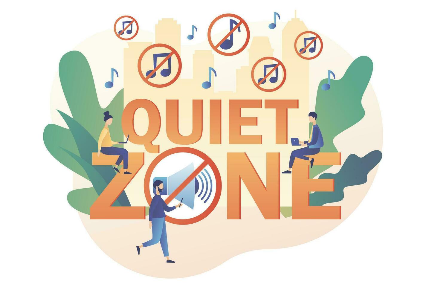 Quiet zone concept. Stop noise sign and tiny people. No sound, Volume off or mute mode sign. Modern flat cartoon style. Vector illustration on white background