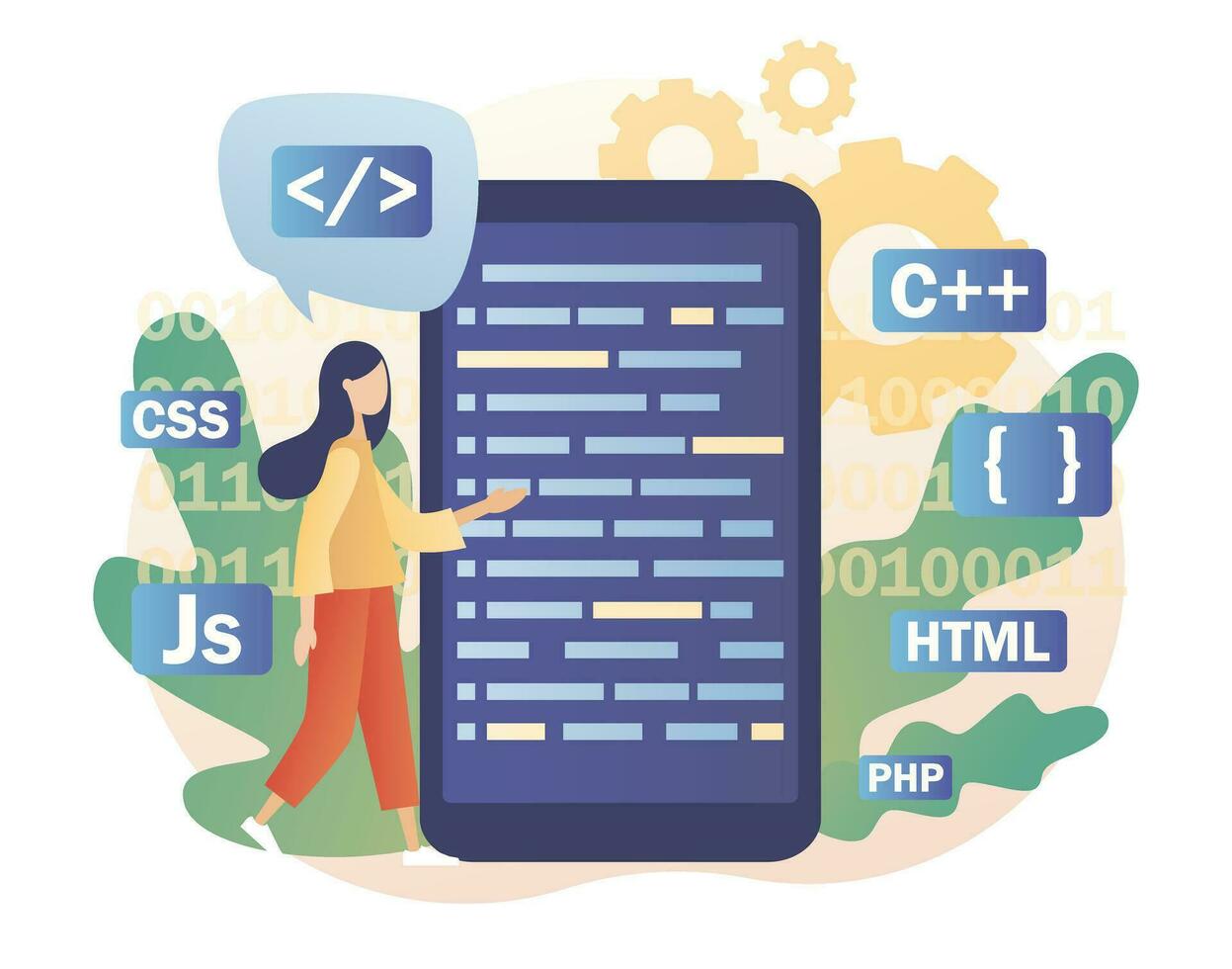 Programming and engineering development. Tiny woman programmer or developer create code programming language. PHP,HTML, C, CSS, Js. Modern flat cartoon style. Vector illustration on white background