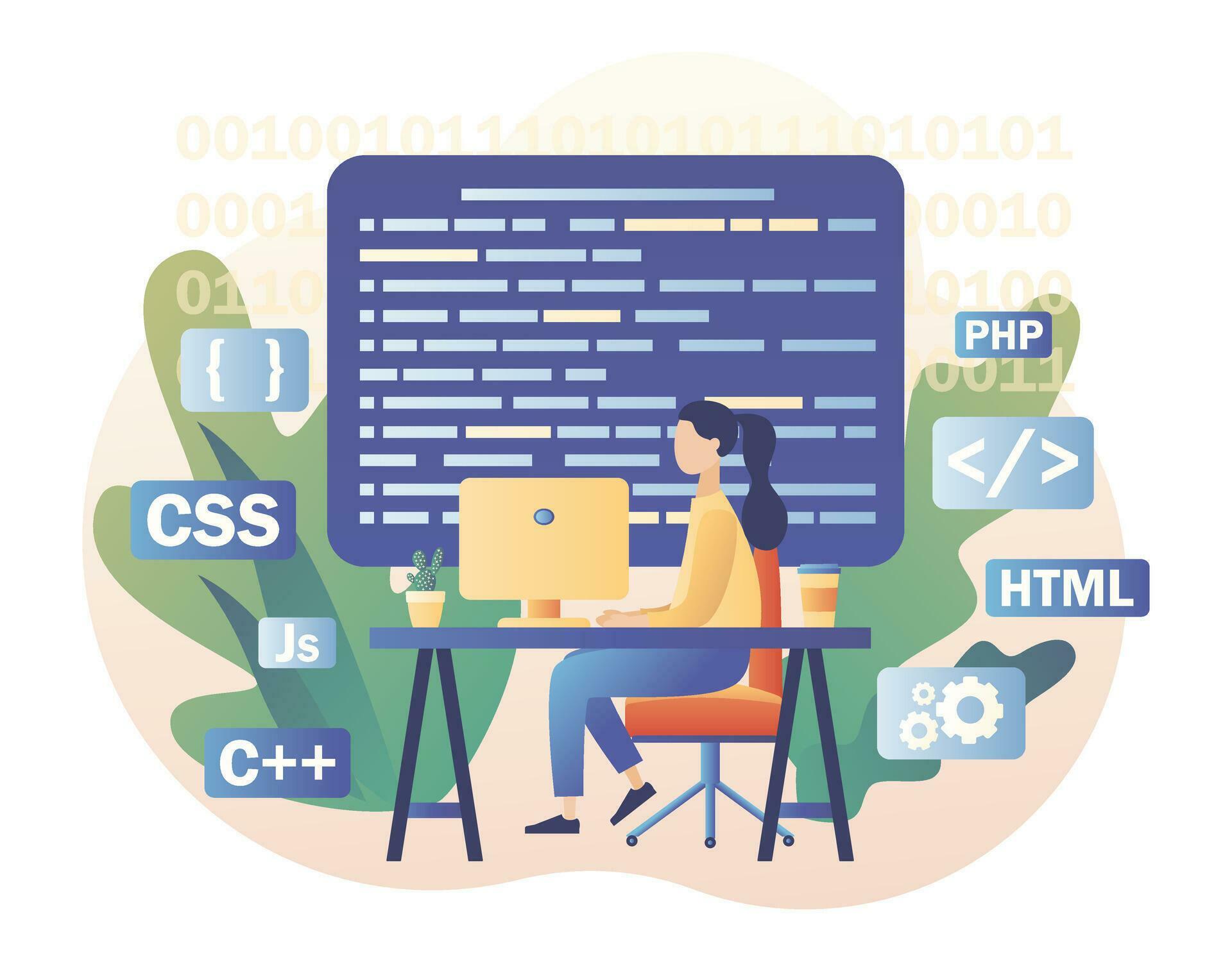 Programming and engineering development. Tiny girl programmer or ...