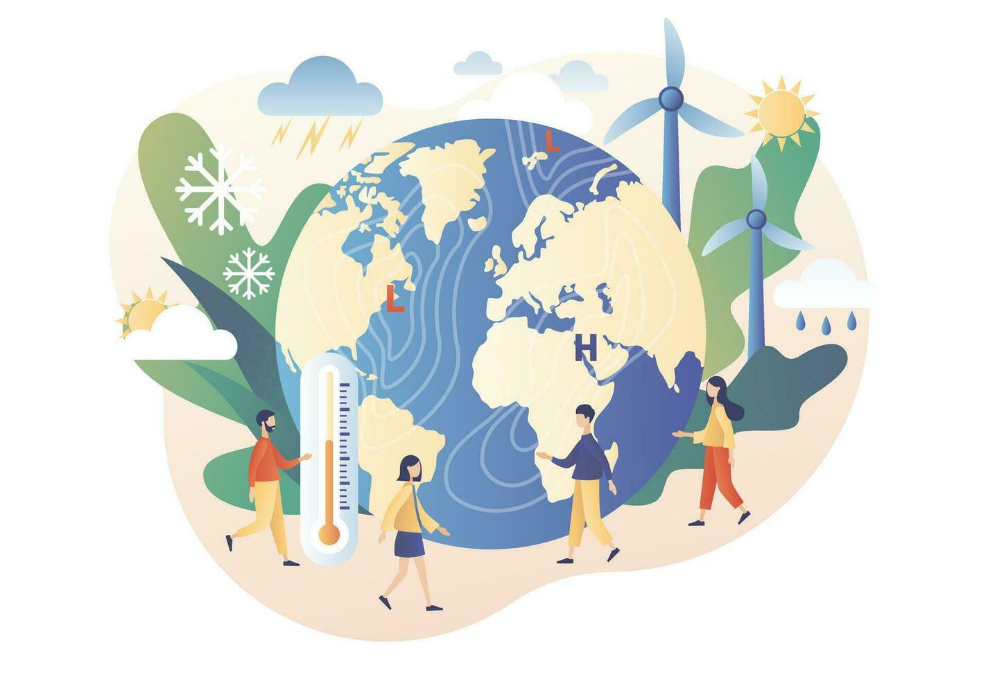 World Meteorological day. Tiny people meteorologists studying and researching weather and climate condition. Meteorology science. Modern flat cartoon style. Vector illustration on white background