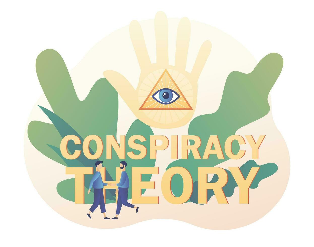 Pyramid with all-seeing eye on big hand and tiny people. Conspiracy theory - text. Symbol of world government. Modern flat cartoon style. Vector illustration on white background