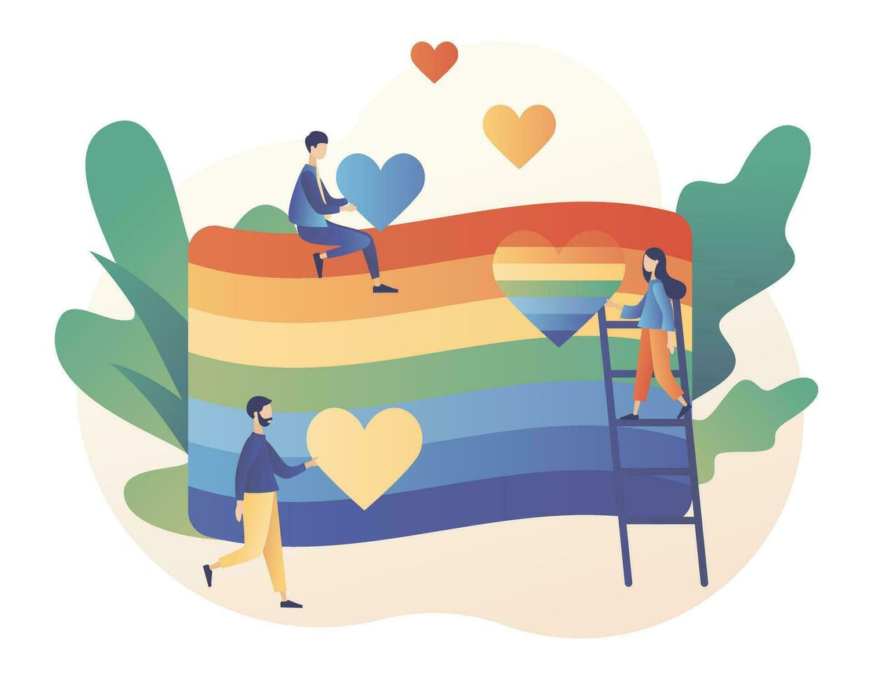 LGBT movement concept. Love is love. Love parade. Tiny people with Rainbow coloured flag and hearts.Modern flat cartoon style. Vector illustration on white background