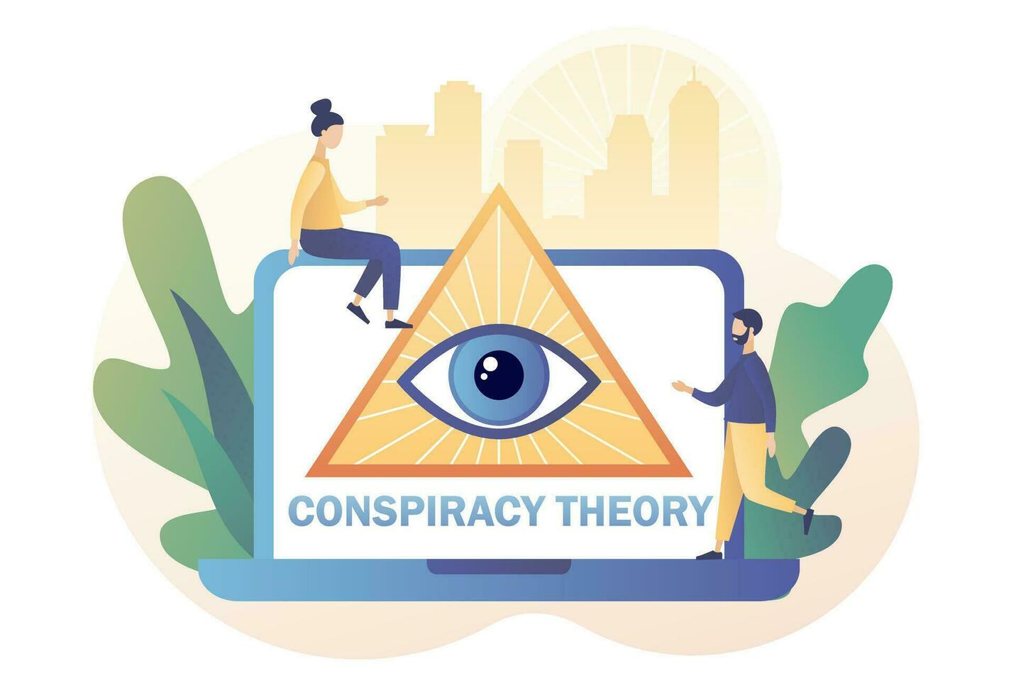 Pyramid with all-seeing eye on laptop screen and tiny people. Conspiracy theory. Symbol of world government. Modern flat cartoon style. Vector illustration on white background