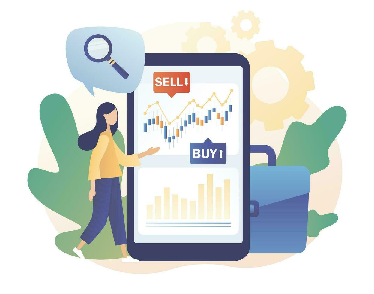 Business, finance and trade. Trading online. Tiny woman buy and sell cryptocurrency, stocks and bonds for forex in smartphone app. Modern flat cartoon style. Vector illustration on white background