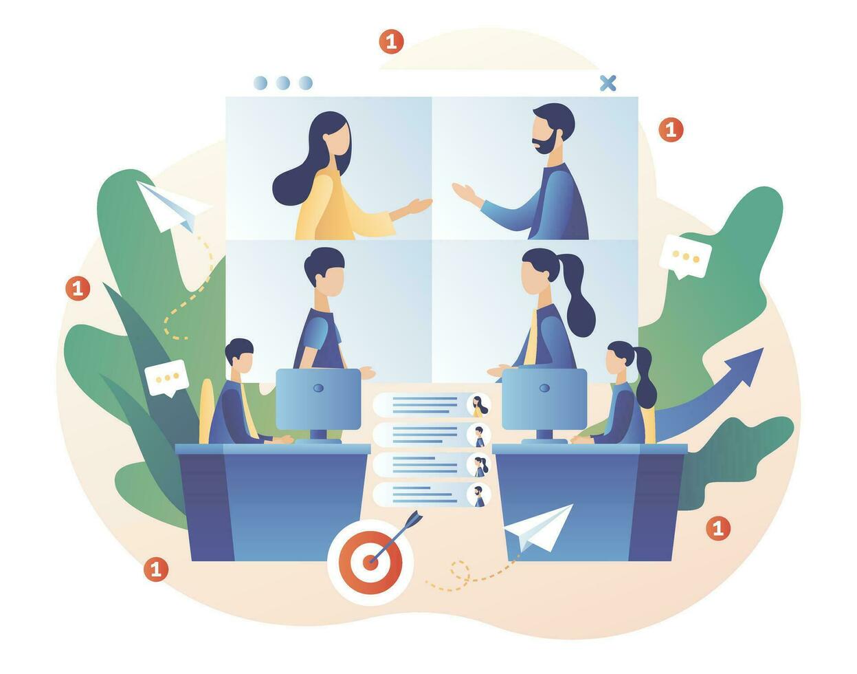 Online meeting. Online conference concept. Tiny people speak in video conference. Social distancing and self-isolation during coronavirus quarantine. Modern flat cartoon style. Vector illustration