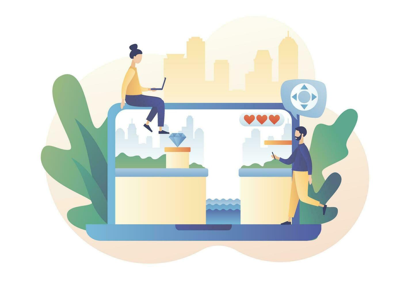Retro game online. Tiny people playing classic platformer using laptop. Modern flat cartoon style. Vector illustration on white background