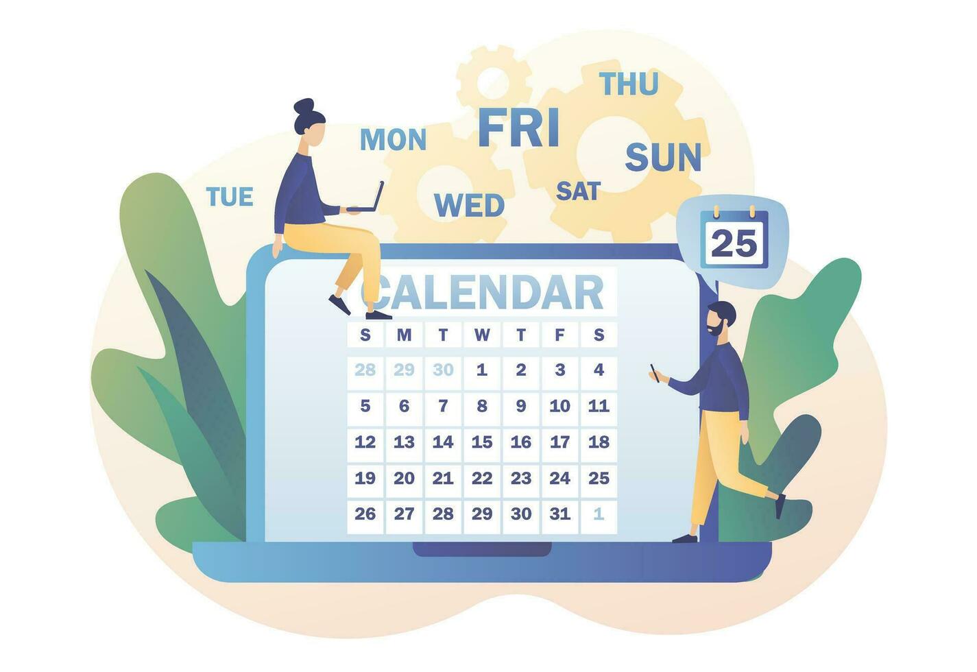 Calendar online or app. Tiny people and time management, business planning, timetable. Schedule concept. Modern flat cartoon style. Vector illustration on white background