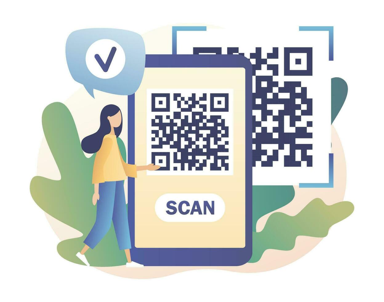 qr código exploración concepto. minúsculo niña escanear código utilizando teléfono inteligente moderno plano dibujos animados estilo. vector ilustración en blanco antecedentes