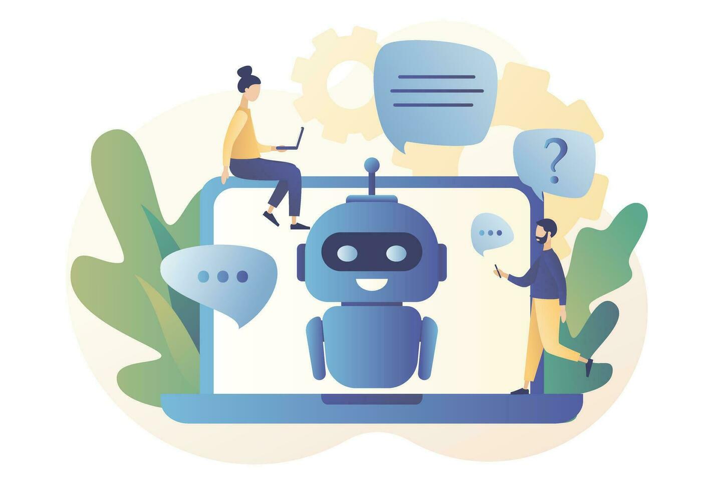 Chatbot. AI robot assistant, online customer support. Tiny people chatting with chatbot in laptop. Modern flat cartoon style. Vector illustration on white background