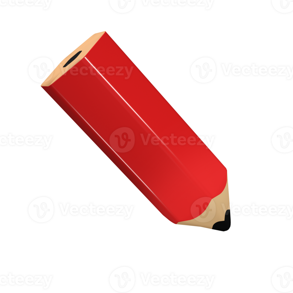 Realistic red pencil 3d icon stationery for school render. Colored drawing and painting tool for education and studies. Office supplies, stationery element. School, university isolated transparent png