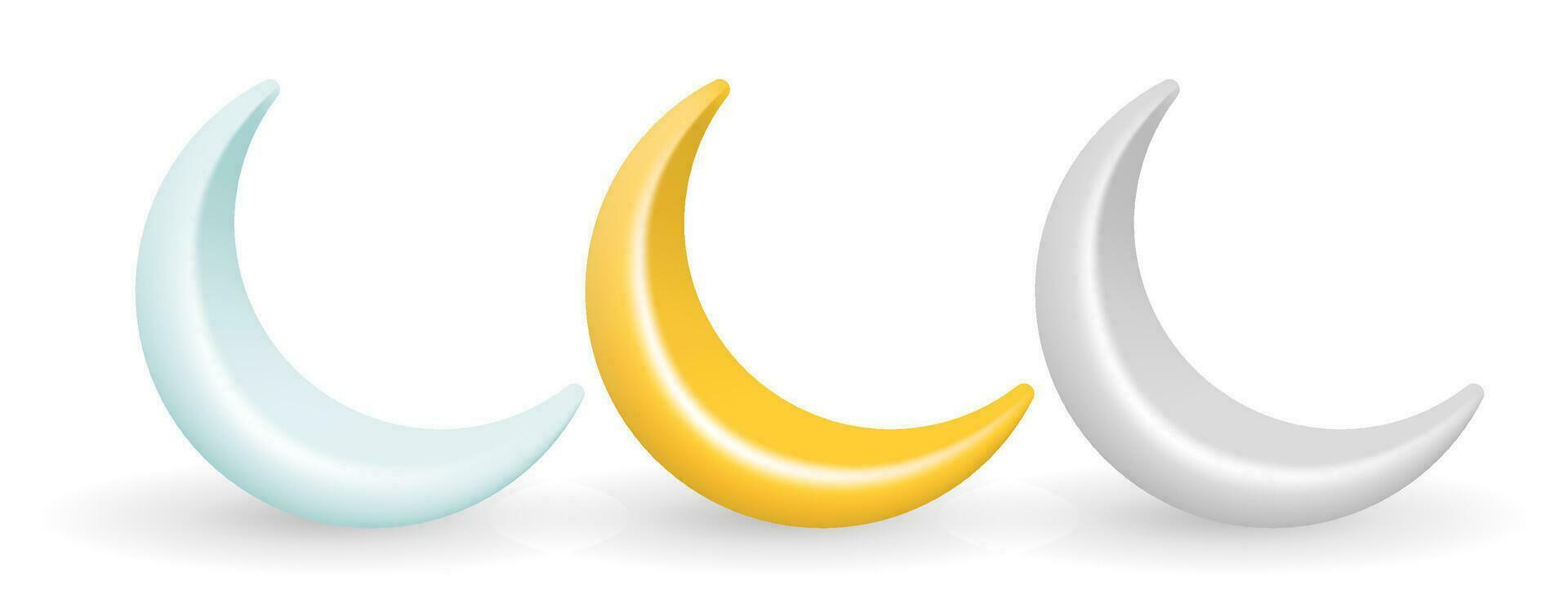 3d creciente Luna conjunto en amarillo, blanco y azul color. islámico ornamento ilustración vector