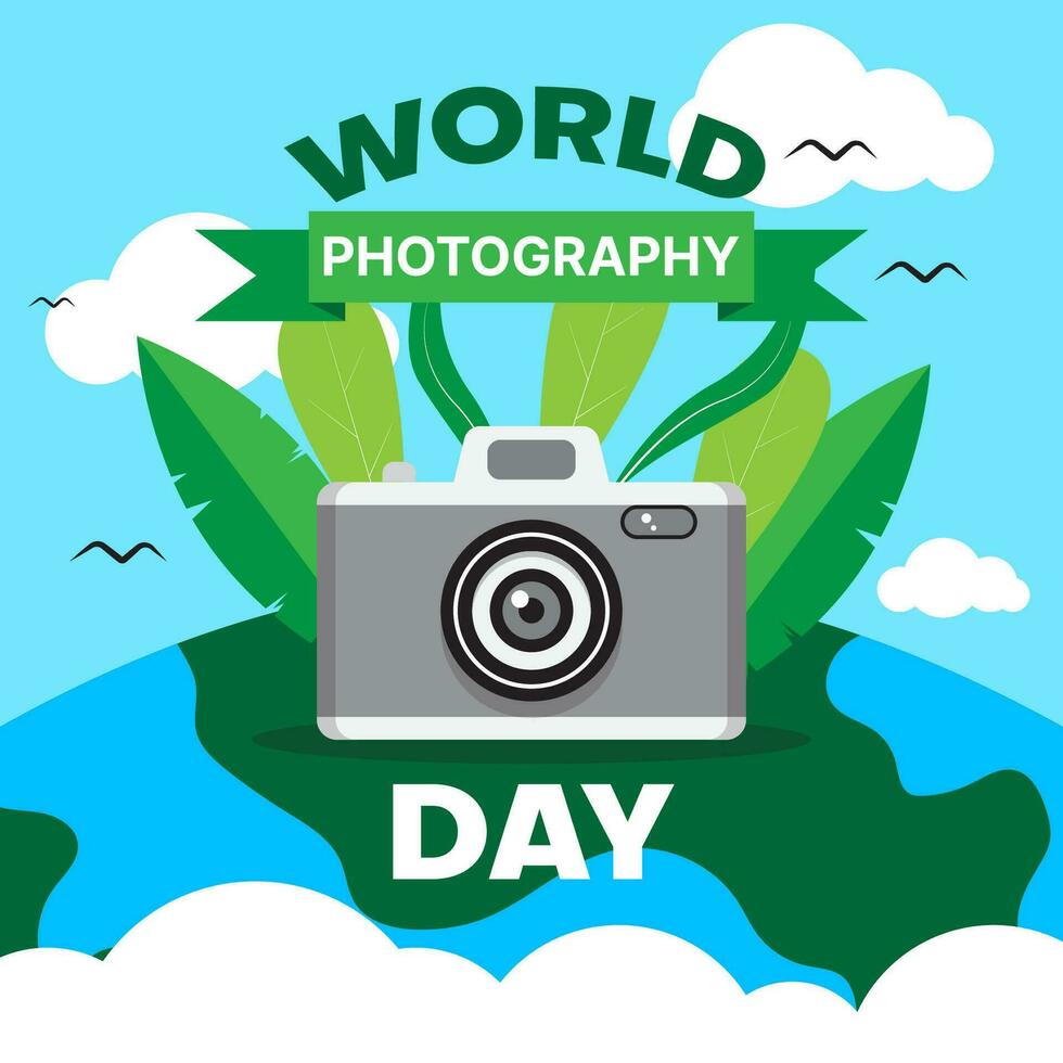 world photography day background with camera and nature. vector illustration