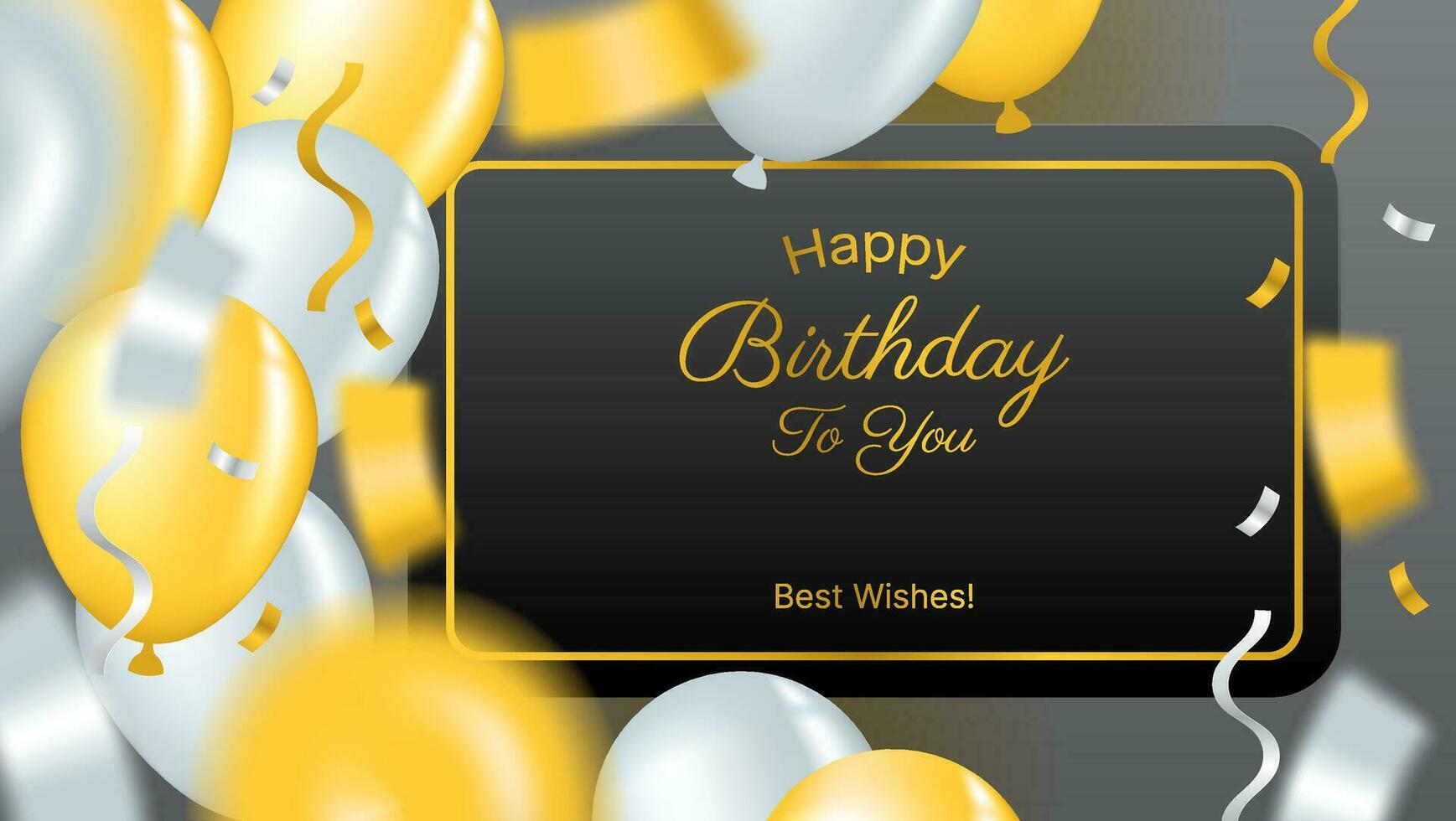 birthday background vector design with balloons and confetti in gold and white color